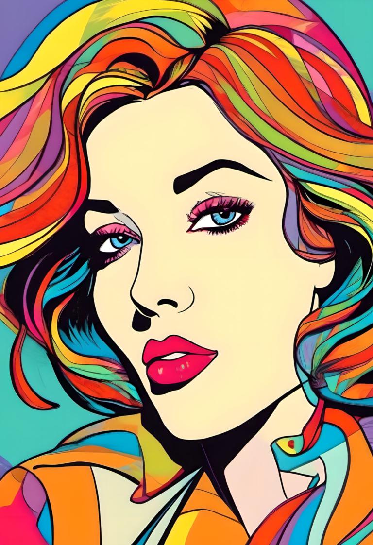 Pop Art,Pop Art, People, woman, 1girl, solo, makeup, blue eyes, multicolored hair, parted lips, rainbow hair