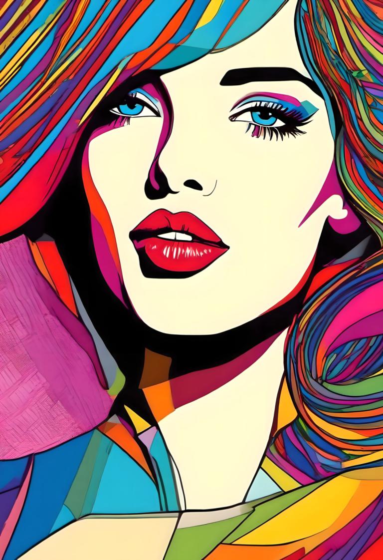 Pop Art,Pop Art, People, woman, 1girl, solo, makeup, colorful, multicolored hair, parted lips, blue eyes