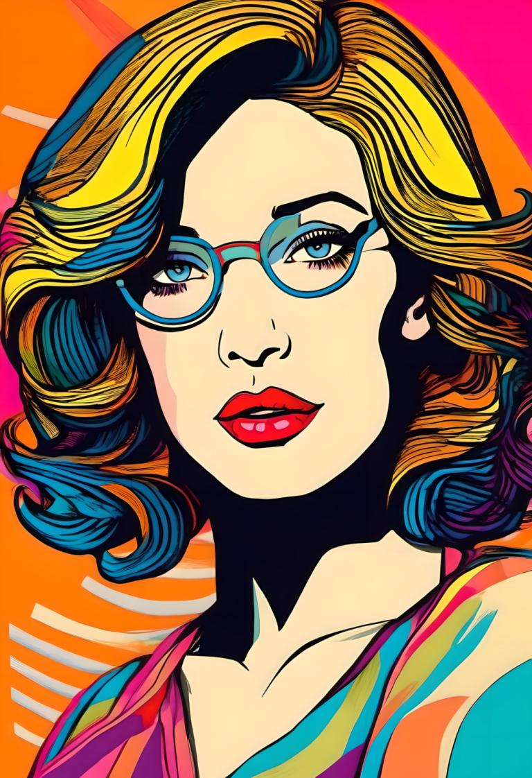 Pop Art,Pop Art, People, woman, 1girl, solo, glasses, blonde hair, multicolored hair, colorful, makeup