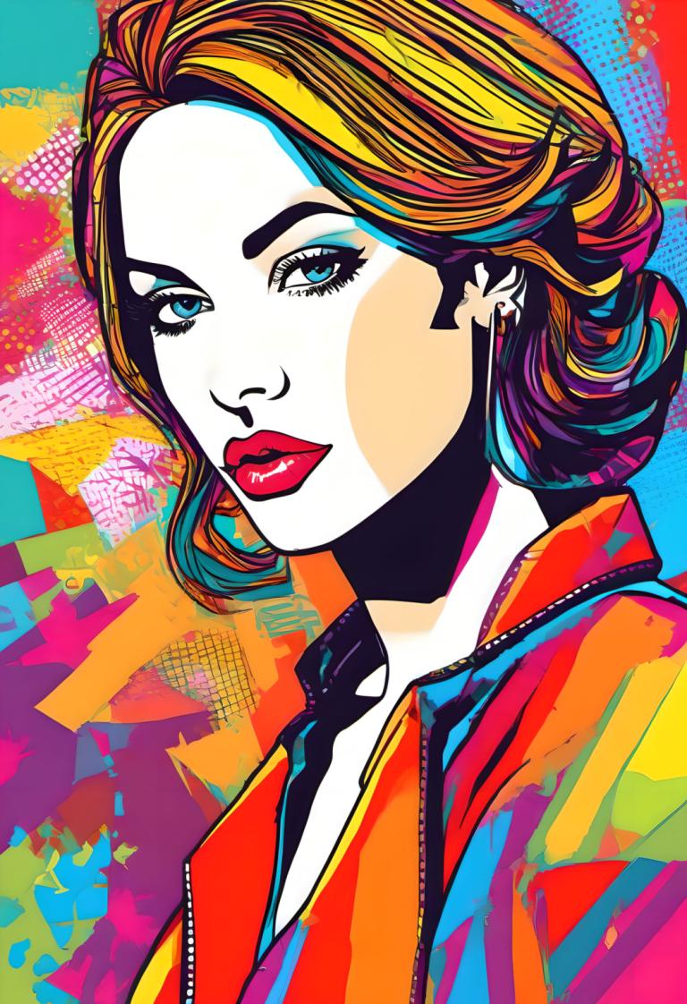 Pop Art,Pop Art, People, woman, 1girl, solo, earrings, jewelry, blue eyes, looking at viewer, colorful