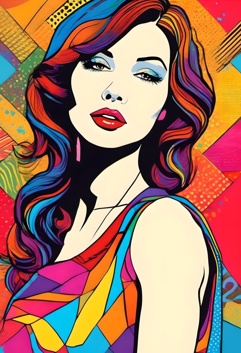 Pop Art,Pop Art, People, woman, 1girl, solo, colorful, multicolored hair, makeup, jewelry, earrings