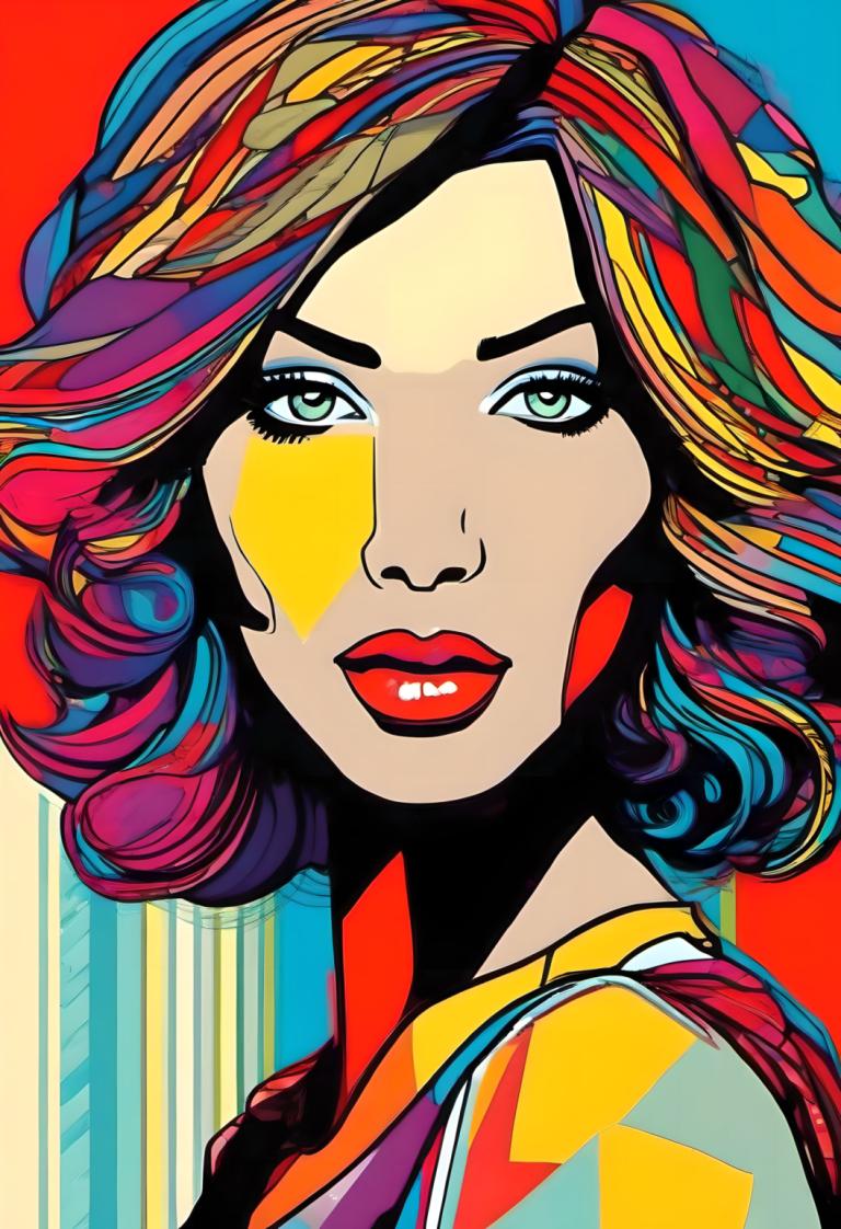 Pop Art,Pop Art, People, woman, 1girl, solo, colorful, multicolored hair, looking at viewer, makeup, red hair