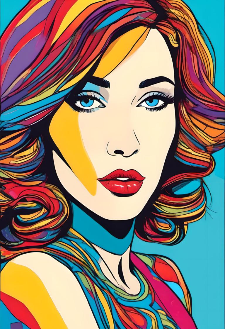 Pop Art,Pop Art, People, woman, 1girl, solo, blue eyes, red hair, multicolored hair, makeup, blue background