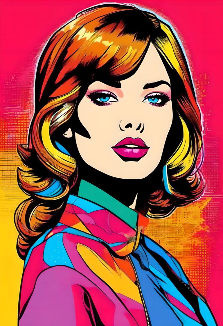 Pop Art,Pop Art, People, woman, 1girl, solo, blue eyes, brown hair, multicolored hair, makeup, parted lips