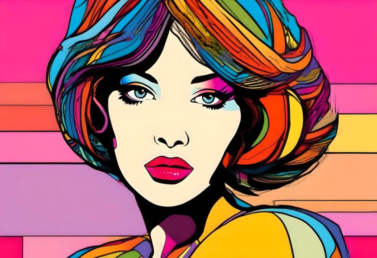 Pop Art,Pop Art, People, woman, 1girl, solo, makeup, multicolored hair, rainbow hair, colorful, blue eyes