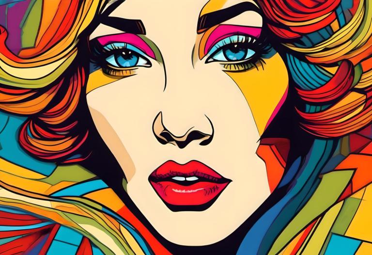 Pop Art,Pop Art, People, woman, solo, 1girl, blue eyes, makeup, blonde hair, multicolored hair, portrait