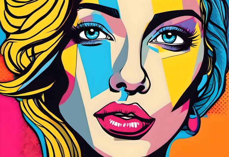 Pop-art,Pop-art, Mensen, vrouw, solo, blond haar, blauwe ogen, bedenken, oorbellen, portret, mannelijke focus