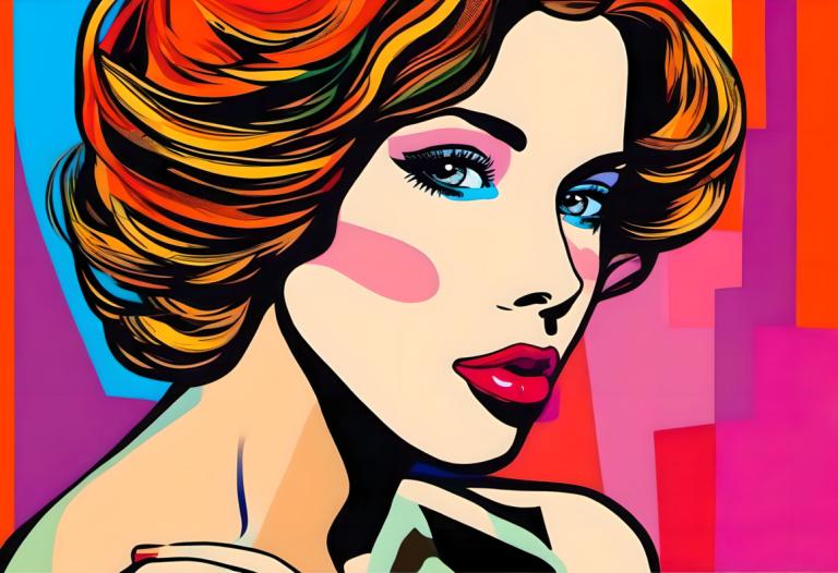 Pop Art,Pop Art, People, woman, 1girl, solo, blue eyes, portrait, makeup, looking at viewer, orange hair