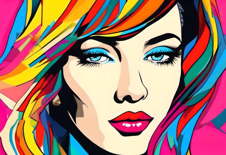 Pop Art,Pop Art, People, woman, solo, 1girl, rainbow hair, makeup, multicolored hair, blue eyes, lipstick