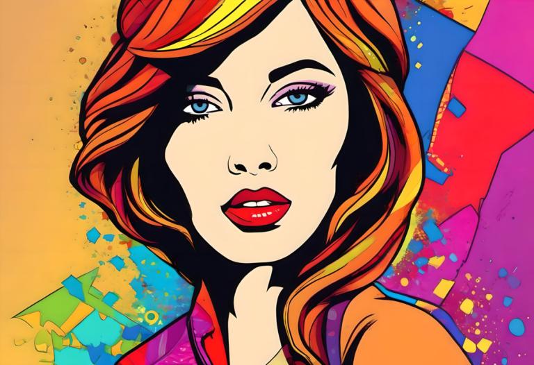 Pop Art,Pop Art, Mennesker, kvinde, 1 pige, solo, blå øjne, makeup, læbestift, flerfarvet hår, farverig