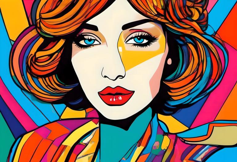 Pop Art,Pop Art, People, woman, 1girl, solo, blue eyes, portrait, makeup, orange hair, looking at viewer