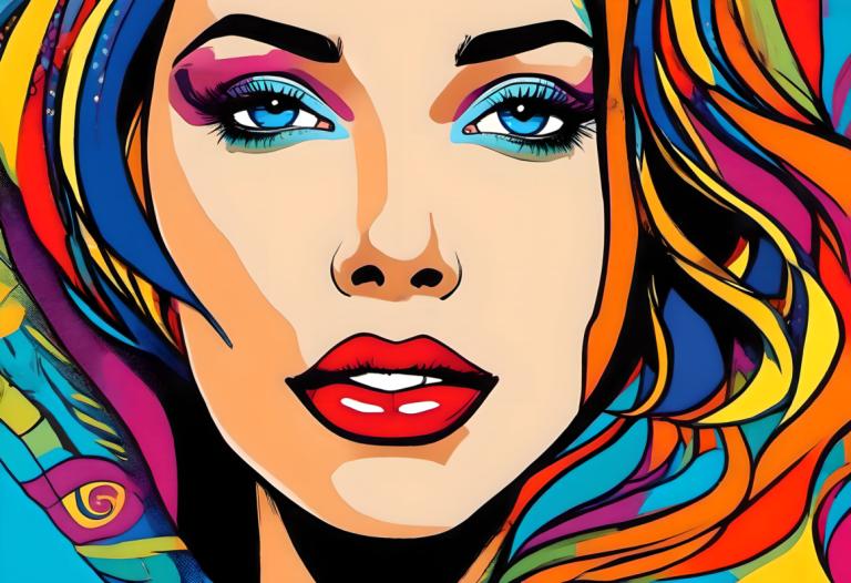 Pop Art,Pop Art, Mennesker, kvinde, 1 pige, solo, makeup, blå øjne, flerfarvet hår, portræt, farverig