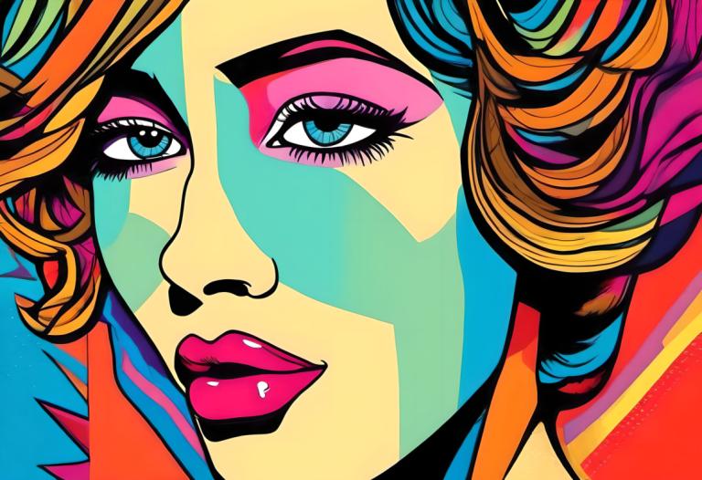 Pop Art,Pop Art, Mennesker, kvinde, solo, 1 pige, blå øjne, flerfarvet hår, makeup, farverig, portræt