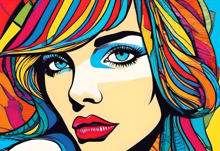 Pop Art,Pop Art, People, woman, 1girl, solo, rainbow hair, colorful, multicolored hair, makeup, blue eyes