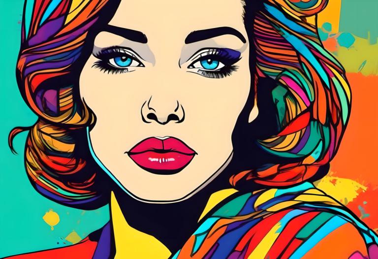 Pop-Art,Pop-Art, Personnes, femme, 1fille, solo, yeux bleus, se maquiller, cheveux multicolores, portrait