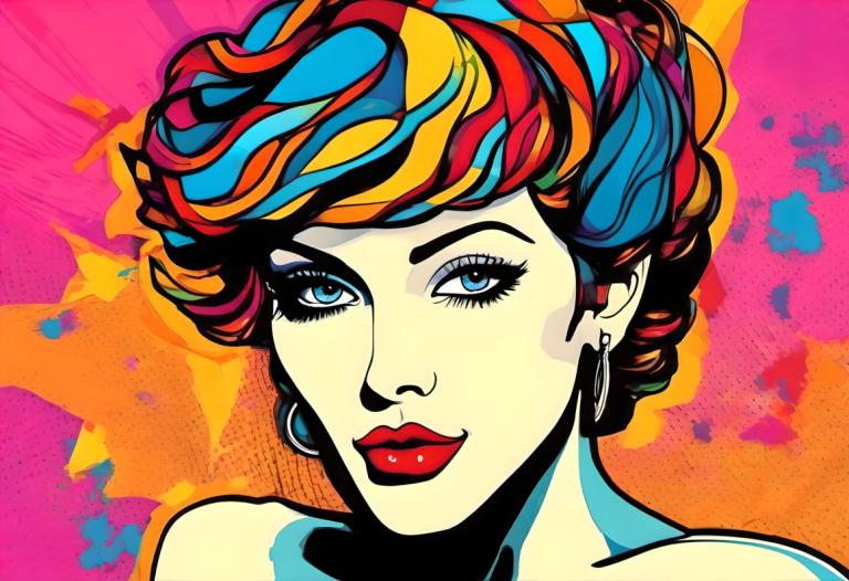 Pop Art,Pop Art, Lidé, žena, 1 dívka, sólo, náušnice, šperky, modré oči, vícebarevné vlasy, makeup, portrét