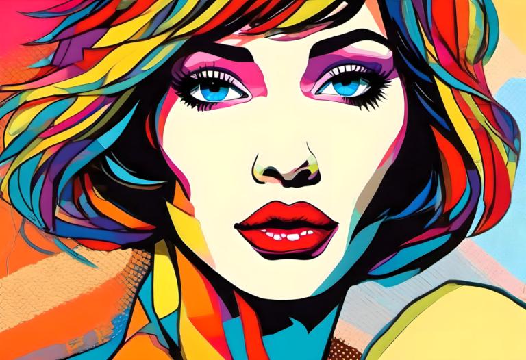 Pop-Art,Pop-Art, Personnes, femme, 1fille, solo, yeux bleus, se maquiller, cheveux multicolores