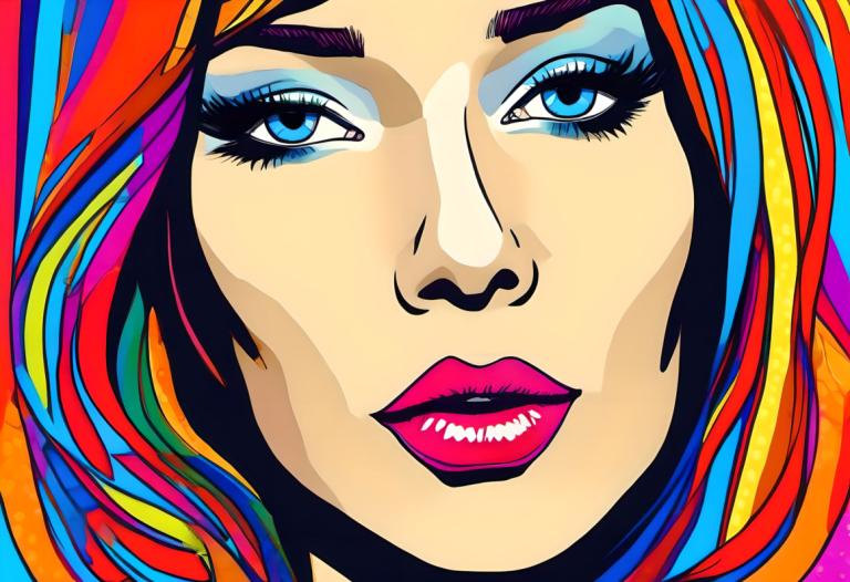 Pop-Art,Pop-Art, Menschen, Frau, Solo, 1Mädchen, Regenbogenhaar, blaue Augen, bilden, mehrfarbiges Haar