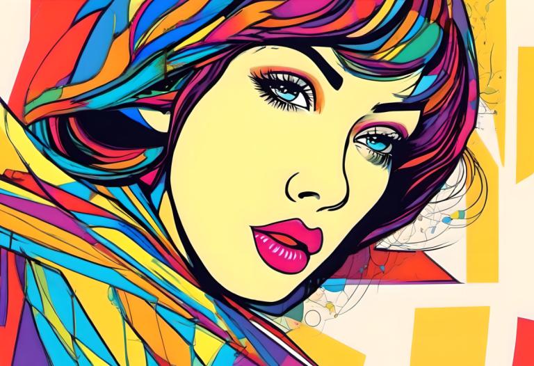 Pop Art,Pop Art, People, woman, 1girl, solo, colorful, makeup, multicolored hair, rainbow hair, blue eyes