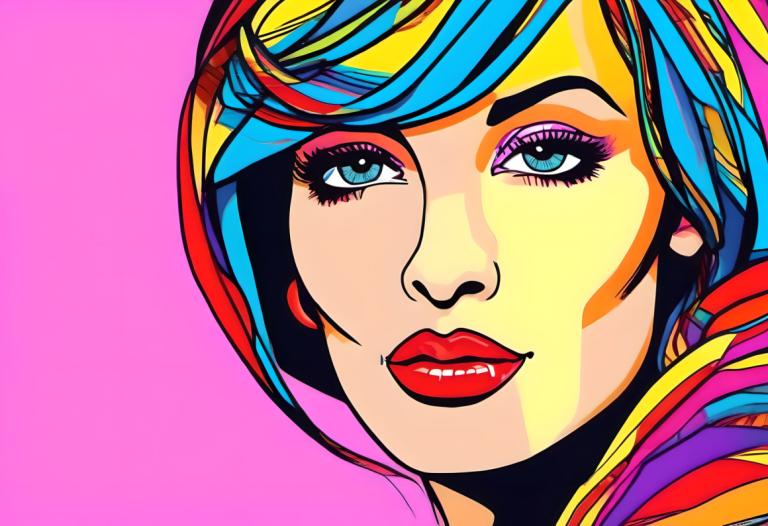 Pop Art,Pop Art, People, woman, solo, 1girl, makeup, blue eyes, multicolored hair, pink background, blue hair