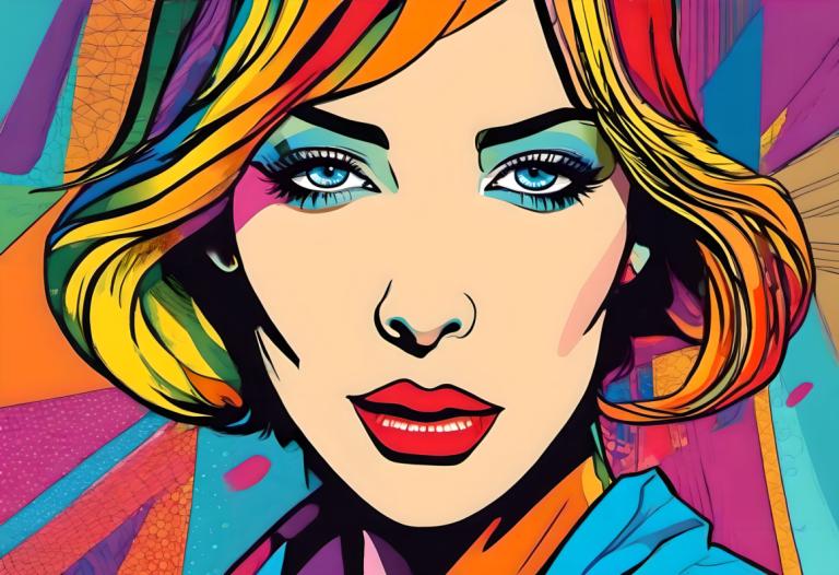 Pop-Art,Pop-Art, Menschen, Frau, 1Mädchen, Solo, blaue Augen, bilden, blondes Haar, mehrfarbiges Haar