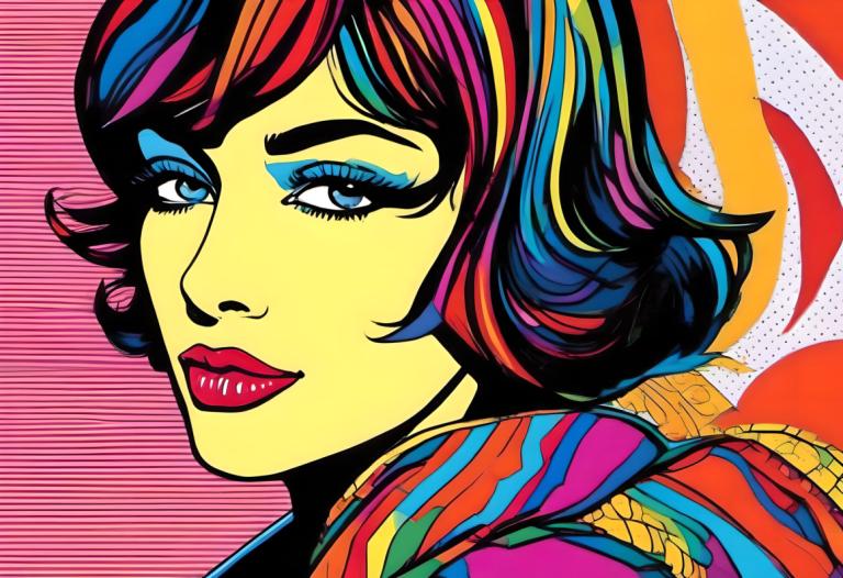 Pop Art,Pop Art, People, woman, 1girl, solo, makeup, blue eyes, short hair, multicolored hair, lipstick