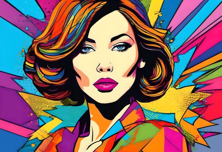 Pop Art,Pop Art, People, woman, 1girl, colorful, solo, blue eyes, makeup, short hair, lipstick, portrait