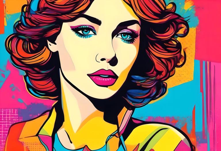 Pop Art,Pop Art, People, woman, 1girl, solo, makeup, blue eyes, portrait, short hair, colorful, parted lips