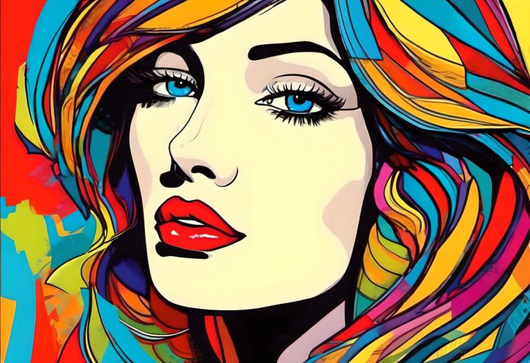 Pop Art,Pop Art, People, woman, 1girl, solo, blue eyes, colorful, multicolored hair, rainbow hair, makeup