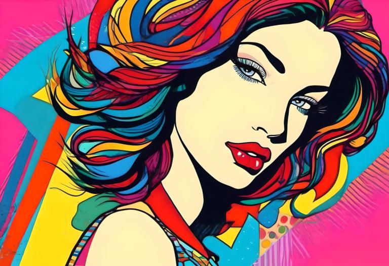 Pop Art,Pop Art, People, woman, 1girl, solo, multicolored hair, makeup, red hair, colorful, parted lips