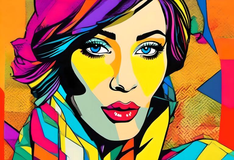 Pop Art,Pop Art, People, woman, solo, colorful, 1girl, blue eyes, makeup, clown, multicolored clothes