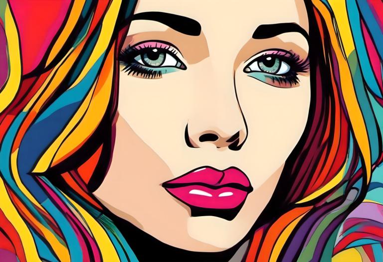 Pop Art,Pop Art, People, woman, 1girl, solo, makeup, multicolored hair, rainbow hair, lipstick, close-up