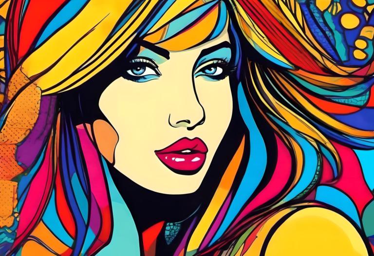 Pop Art,Pop Art, People, woman, solo, blue eyes, 1girl, makeup, colorful, blonde hair, multicolored hair