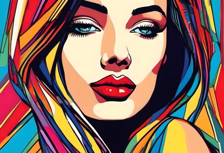 Pop Art,Pop Art, People, woman, 1girl, solo, blue eyes, red lips, makeup, lipstick, portrait