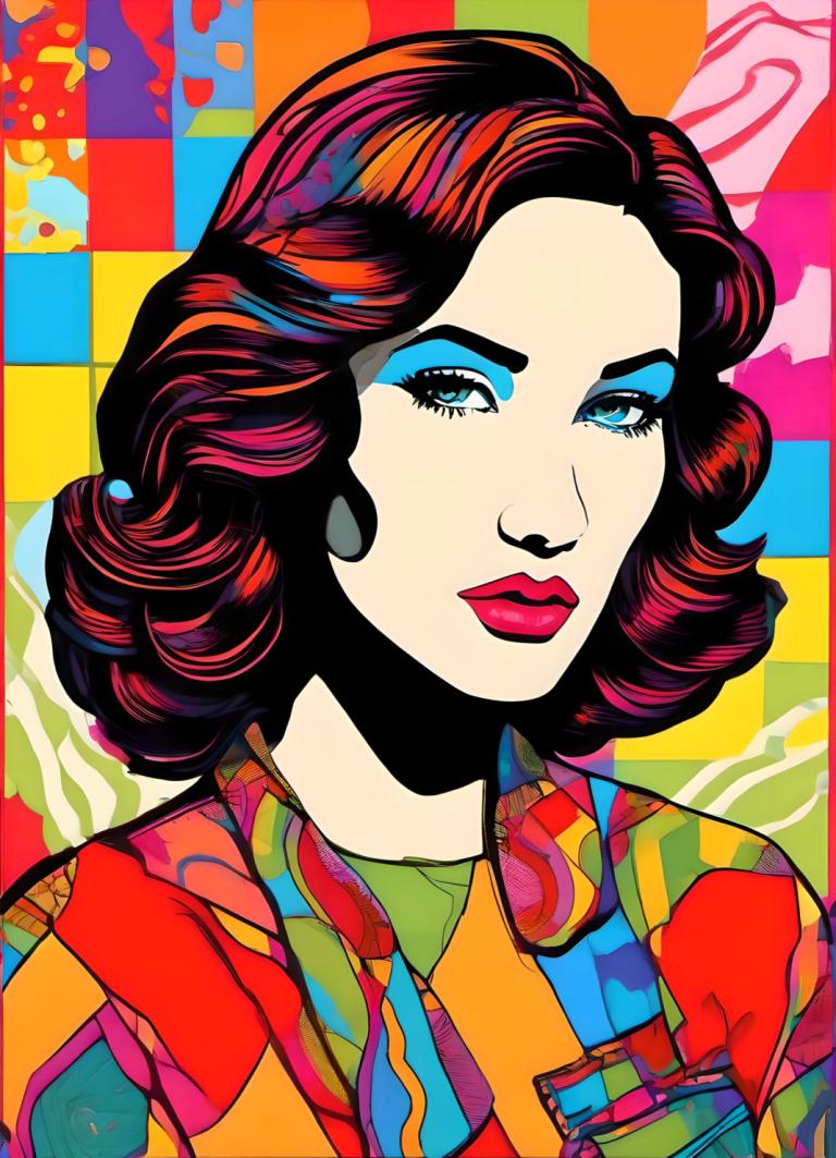 Pop Art,Pop Art, People, woman, 1girl, solo, colorful, makeup, multicolored clothes, eyeshadow, shirt