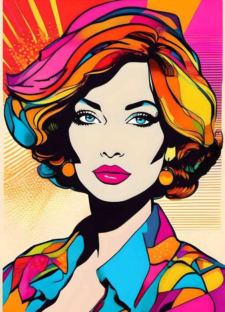 Pop Art,Pop Art, People, woman, 1girl, solo, blue eyes, makeup, colorful, shirt, multicolored hair, earrings