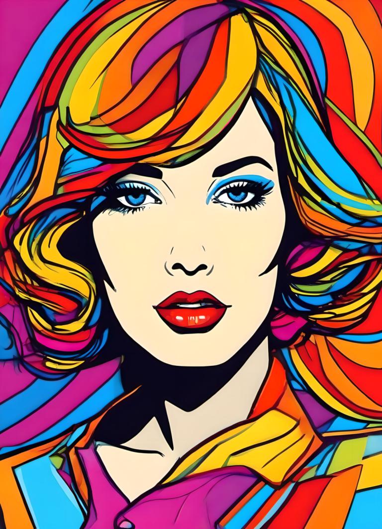 Pop Art,Pop Art, People, woman, 1girl, solo, colorful, blue eyes, makeup, multicolored hair, blonde hair