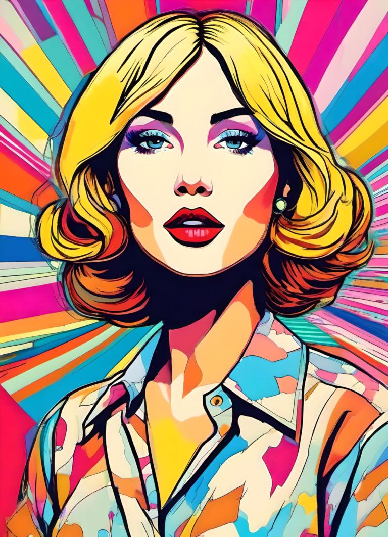 Pop Art,Pop Art, People, woman, 1girl, solo, blonde hair, shirt, collared shirt, earrings, jewelry, blue eyes