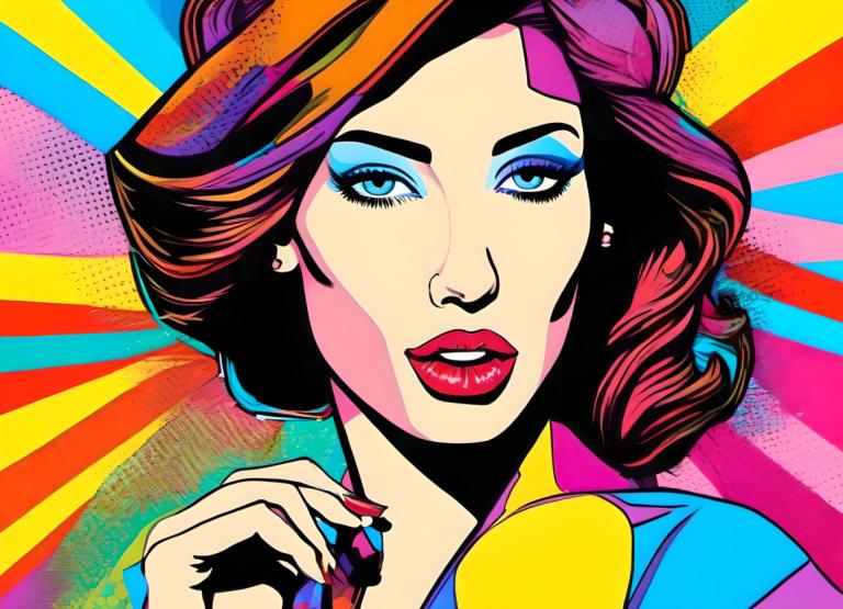 Pop Art,Pop Art, People, woman, 1girl, solo, makeup, blue eyes, earrings, lipstick, jewelry, colorful