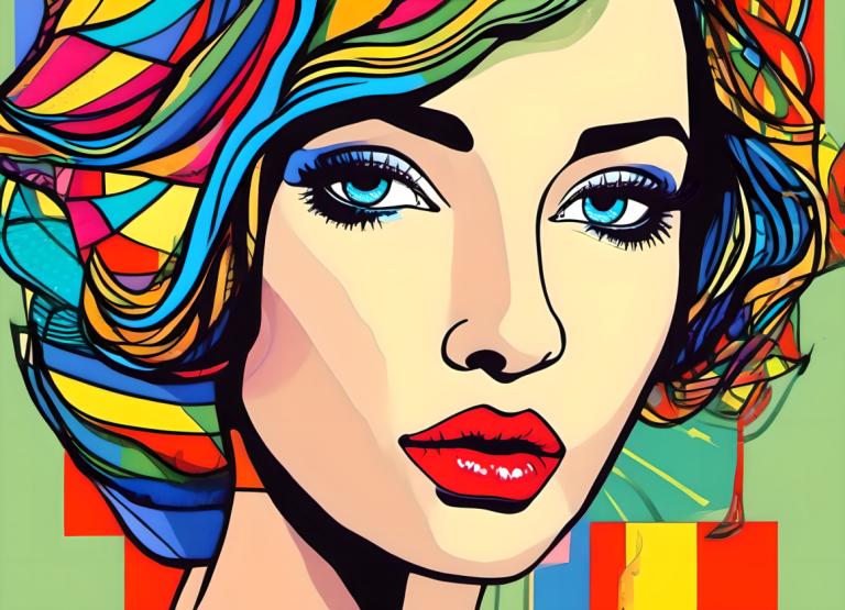 Pop Art,Pop Art, People, woman, solo, 1girl, makeup, colorful, multicolored hair, blue eyes, rainbow hair