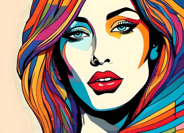 Pop Art,Pop Art, People, woman, 1girl, solo, makeup, parted lips, multicolored hair, portrait, eyeshadow