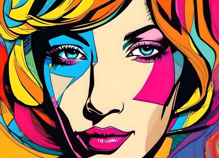 Pop Art,Pop Art, People, woman, solo, 1girl, colorful, makeup, multicolored hair, blue eyes, rainbow hair