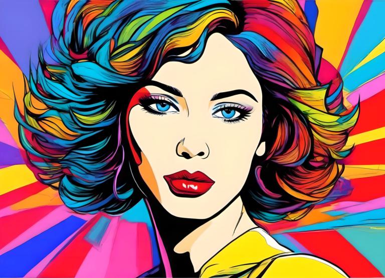 Pop Art,Pop Art, People, woman, 1girl, solo, rainbow hair, makeup, blue eyes, multicolored hair, colorful