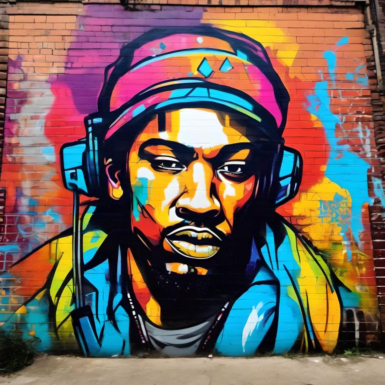 Street Art,Street Art, People, man, solo, 1boy, male focus, jacket, headphones, hat, yellow jacket, shirt