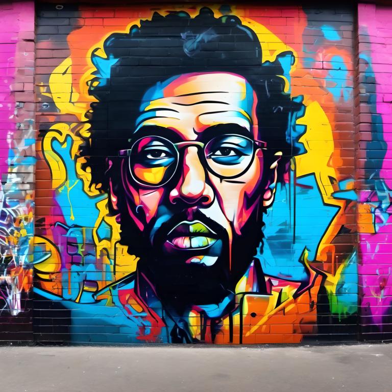 Street Art,Street Art, People, man, 1boy, solo, male focus, facial hair, glasses, graffiti, black hair