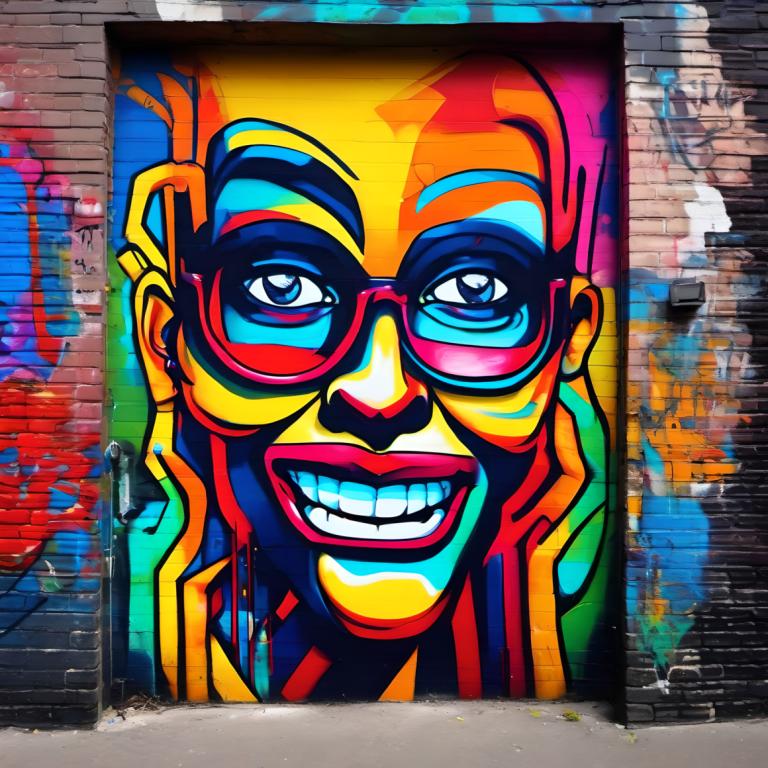 Street Art,Street Art, Mennesker, Mann, solo, briller, tradisjonelle medier, 1 gutt, mannlig fokus, smil