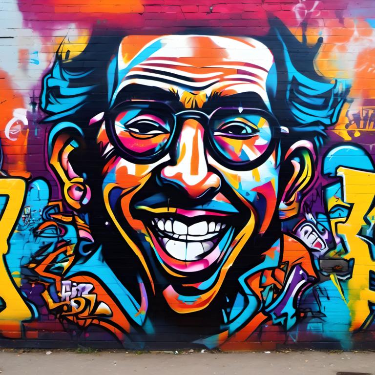 Street Art,Street Art, People, man, graffiti, 1boy, smile, male focus, grin, teeth, sunglasses, solo, glasses