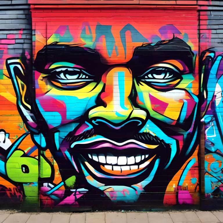 Street Art,Street Art, People, man, colorful, graffiti, grin, paint splatter, smile, teeth, looking at viewer