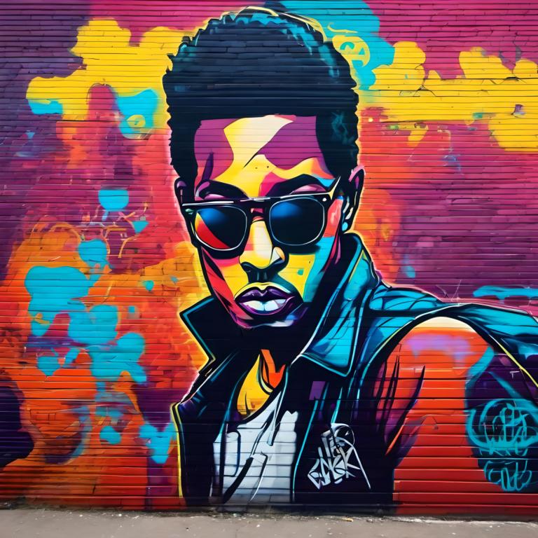 Street Art,Street Art, People, man, solo, sunglasses, jacket, afro, 1girl, black hair, shirt, purple lips