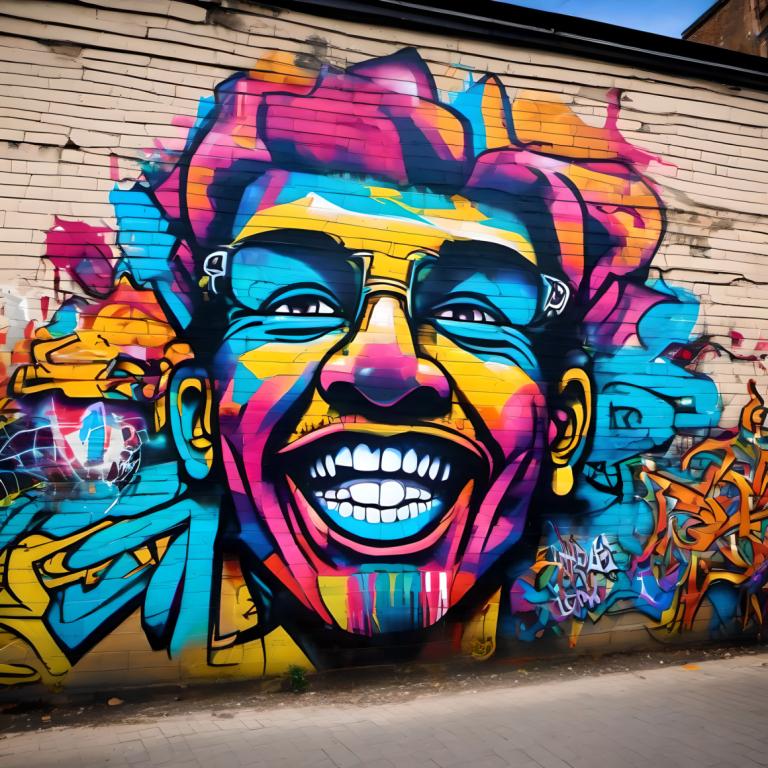 Street Art,Street Art, People, man, graffiti, 1boy, male focus, teeth, grin, solo, smile, facial hair